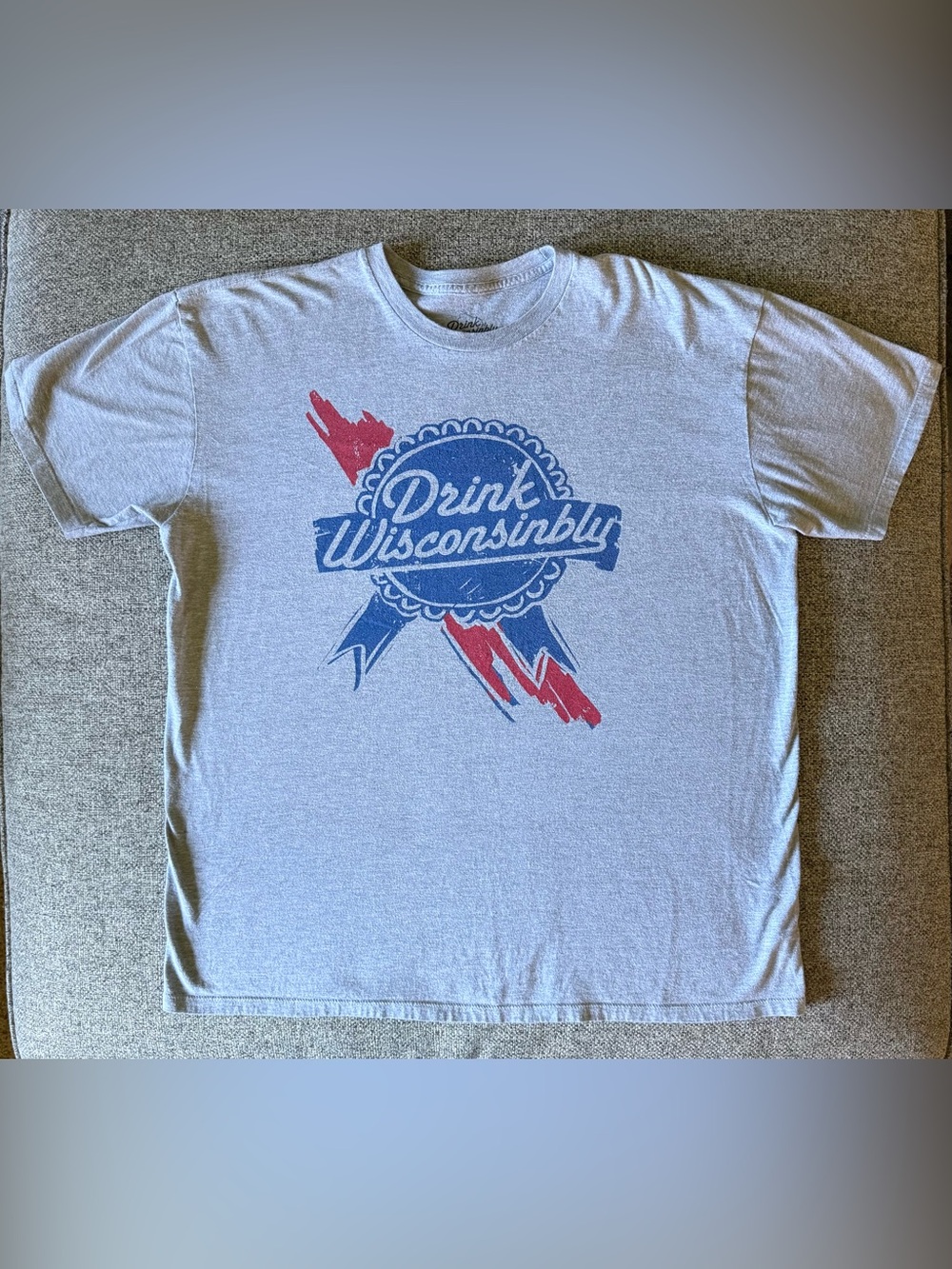 Drink Wisconsinbly Graphic Tee - Light Gray with Blue & Red Print